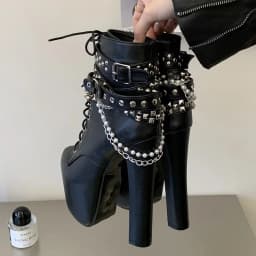 Eilyken Fashion Chunky High Heels Platform Women Boots Designer Silver Chain Belt Buckle Round Toe Nightclub Shoes SZIE 45