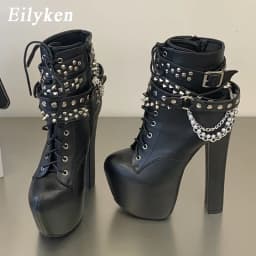 Eilyken Fashion Chunky High Heels Platform Women Boots Designer Silver Chain Belt Buckle Round Toe Nightclub Shoes SZIE 45