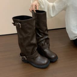 CNEYEIBN Vintage Platform Heel Women Knee High Boots Autumn Winter Female Thick Bottom Shoes Buckle Decor Knight Long Booties