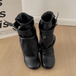 New Women Slouchy Mid Calf Leather Boots Metal Buckle Strap Block Heel Soft PU Leather Boots Autumn Streetwear Mordern Booties