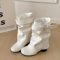 New Women Slouchy Mid Calf Leather Boots Metal Buckle Strap Block Heel Soft PU Leather Boots Autumn Streetwear Mordern Booties