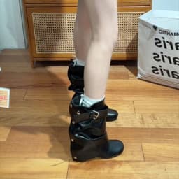 New Women Slouchy Mid Calf Leather Boots Metal Buckle Strap Block Heel Soft PU Leather Boots Autumn Streetwear Mordern Booties