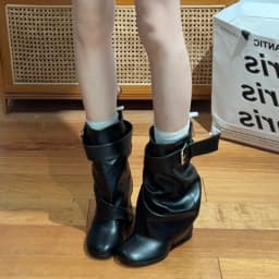 New Women Slouchy Mid Calf Leather Boots Metal Buckle Strap Block Heel Soft PU Leather Boots Autumn Streetwear Mordern Booties