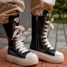 GMQM Women Knee High Boots Lace Up Zip High Heels Black Flat Platform Boots Round Toe Thick Sole Sneakers Outerwear Sport Shoes