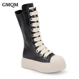 GMQM Women Knee High Boots Lace Up Zip High Heels Black Flat Platform Boots Round Toe Thick Sole Sneakers Outerwear Sport Shoes