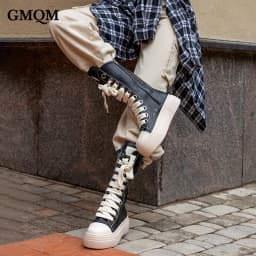GMQM Women Knee High Boots Lace Up Zip High Heels Black Flat Platform Boots Round Toe Thick Sole Sneakers Outerwear Sport Shoes