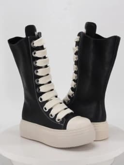 GMQM Women Knee High Boots Lace Up Zip High Heels Black Flat Platform Boots Round Toe Thick Sole Sneakers Outerwear Sport Shoes