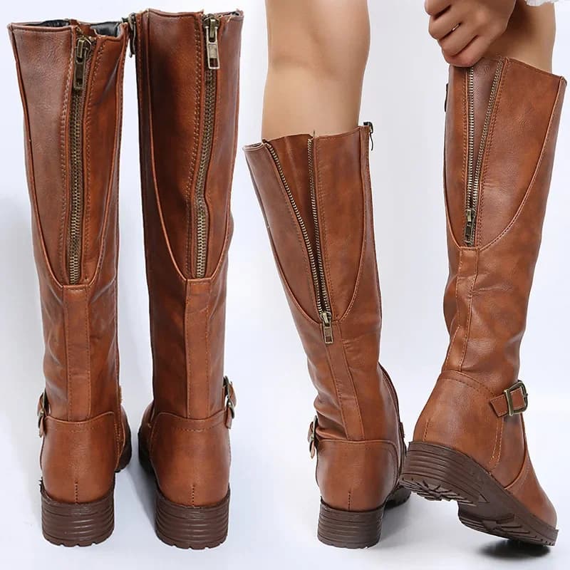 Women's leather boots 2025 Spring and Autumn new zipper low heeled long boots Knight boots High heeled women's boots