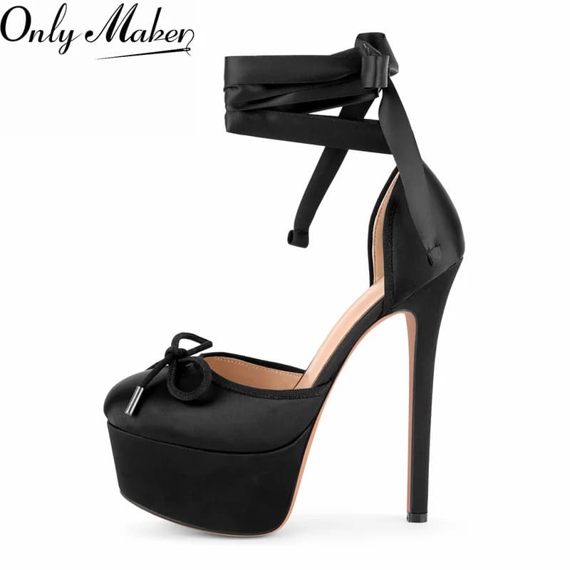 Onlymaker Womens Platform Round Toe Bow Platform Ankle Lace-up Pumps Big Size Fashion Sexy Heels