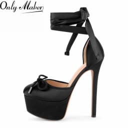 Onlymaker Womens Platform Round Toe Bow Platform Ankle Lace-up Pumps Big Size Fashion Sexy Heels