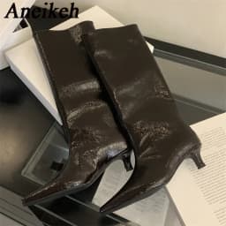 Aneikeh Winter New Pointed Toe Fashion Knee-High Boots Women Elegant Thin Low Heel Casual Ladies Pumps Shoes Long Botas Mujer
