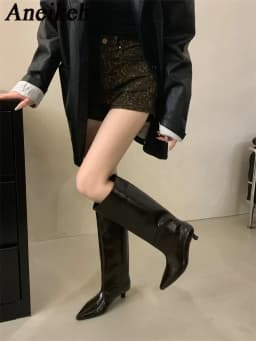 Aneikeh Winter New Pointed Toe Fashion Knee-High Boots Women Elegant Thin Low Heel Casual Ladies Pumps Shoes Long Botas Mujer