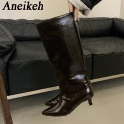 Aneikeh Winter New Pointed Toe Fashion Knee-High Boots Women Elegant Thin Low Heel Casual Ladies Pumps Shoes Long Botas Mujer