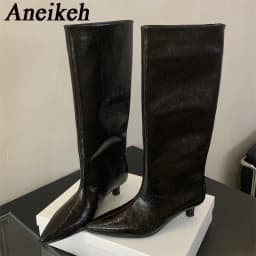 Aneikeh Winter New Pointed Toe Fashion Knee-High Boots Women Elegant Thin Low Heel Casual Ladies Pumps Shoes Long Botas Mujer