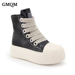 GMQM Fashion Women's New 2024 Ankle Boots Platform Pu Leather Black Shoes Round Toe Lace-Up College Student Flat Casual Shoes