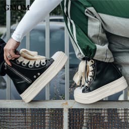 GMQM Fashion Women's New 2024 Ankle Boots Platform Pu Leather Black Shoes Round Toe Lace-Up College Student Flat Casual Shoes