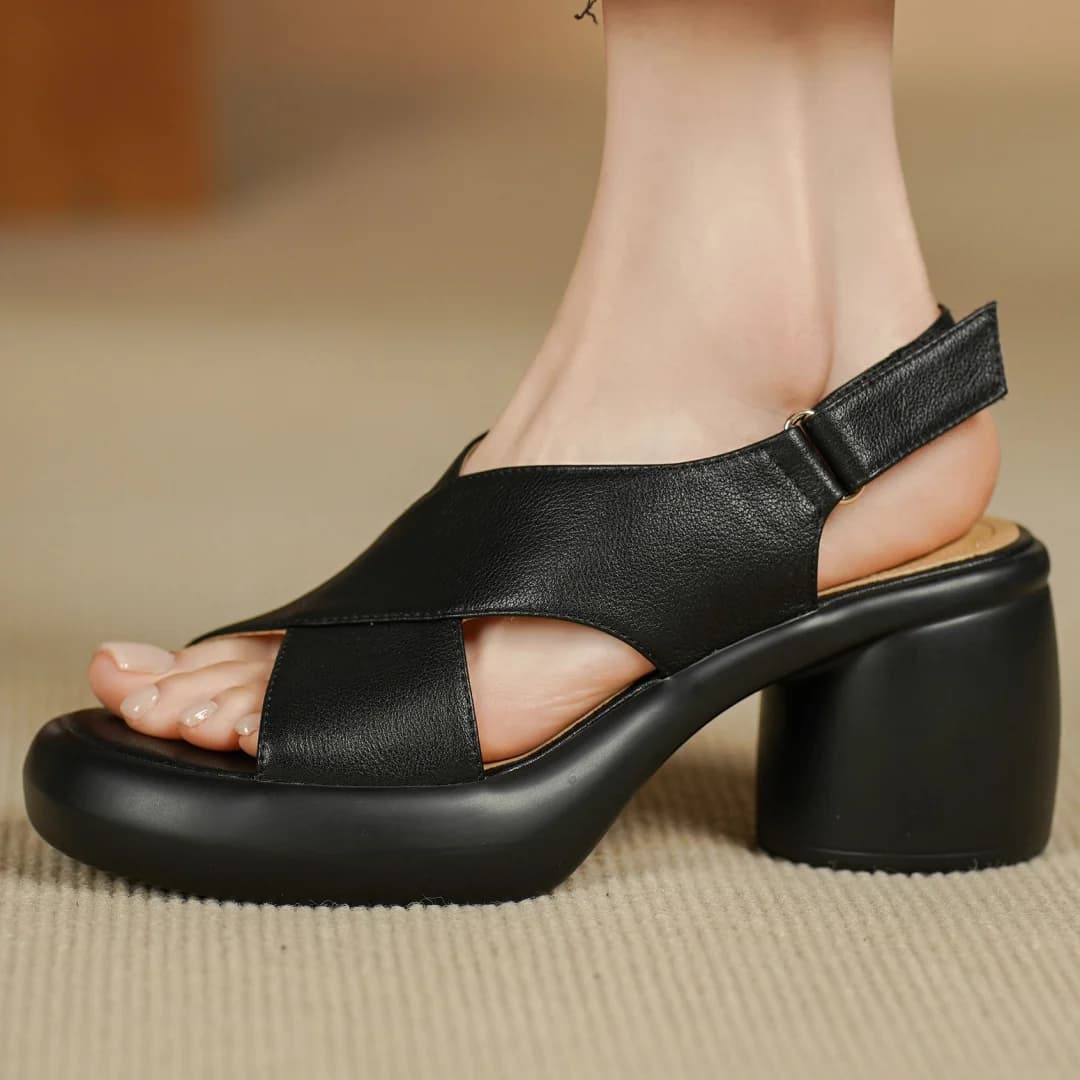 Women's cow leather narrow band cross strap open toe slingback sandals 7cm round chunky heel platform summer pumps shoes woman