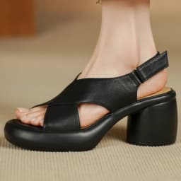 Women's cow leather narrow band cross strap open toe slingback sandals 7cm round chunky heel platform summer pumps shoes woman
