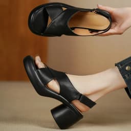Women's cow leather narrow band cross strap open toe slingback sandals 7cm round chunky heel platform summer pumps shoes woman