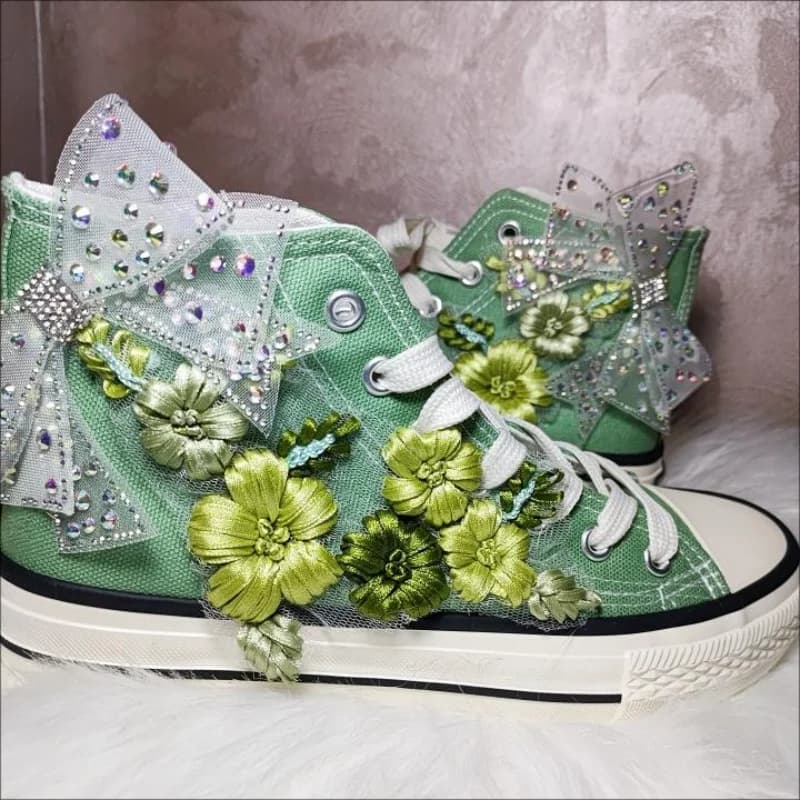 Girl's High-top Canvas Shoes Women Green Bow Embroidery Flower Candy Color Canvas Handmade Fashion Casual Shoe Big Size 43 44