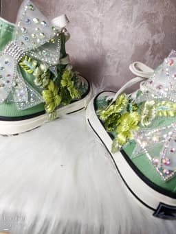 Girl's High-top Canvas Shoes Women Green Bow Embroidery Flower Candy Color Canvas Handmade Fashion Casual Shoe Big Size 43 44
