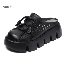 ZXRYXGS 2025 Summer Premium Genuine Leather Hollow Round Toe Outside Slipper Women Sandals Platform Height Increase Slippers