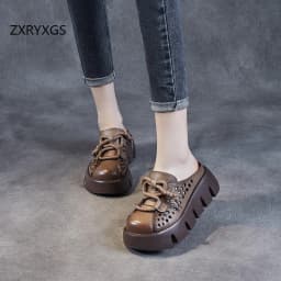 ZXRYXGS 2025 Summer Premium Genuine Leather Hollow Round Toe Outside Slipper Women Sandals Platform Height Increase Slippers