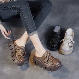 ZXRYXGS 2025 Summer Premium Genuine Leather Hollow Round Toe Outside Slipper Women Sandals Platform Height Increase Slippers