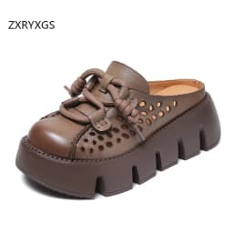 ZXRYXGS 2025 Summer Premium Genuine Leather Hollow Round Toe Outside Slipper Women Sandals Platform Height Increase Slippers