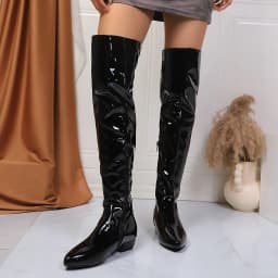 Women's Black Patent Leather Thigh High Boots, Low Block Heel Side Zipper Over-the-Knee Boots, Pointed Toe Party Boots