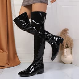 Women's Black Patent Leather Thigh High Boots, Low Block Heel Side Zipper Over-the-Knee Boots, Pointed Toe Party Boots