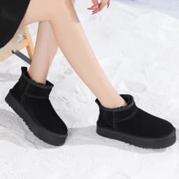 SmallHut Trend 2026 Winter Natural Cow Suede Punk Women Snow Boots Slip-On Ladies Antelope-Brown Black Platform Round Toe Boots
