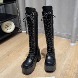 Womens Knee Length Boots Fashion Thick-soled Casual Boots High Quality Leather Boot Lace Up Platform Boots for Women Botas Mujer