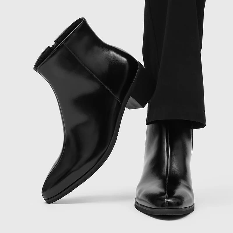 Men's Pointed Toe Chelsea Boots Black Brown Leather Ankle Boots Side Zipper Block Heel Dress Shoes Business Formal Footwear 2026