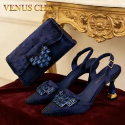 Mineral Blue Rhinestone High Heel Shoes & Matching Bag Fashionable Pointed-Toe Footwear for Women - Perfect for Parties