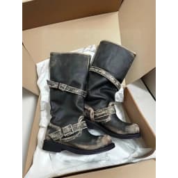 Vintage Platform Buckle Stylish Motorcycle Women Square Toe Chunky High Heel Mid-Calf Shoes Retro Biker Boots
