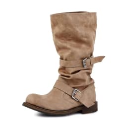 Vintage Platform Buckle Stylish Motorcycle Women Square Toe Chunky High Heel Mid-Calf Shoes Retro Biker Boots