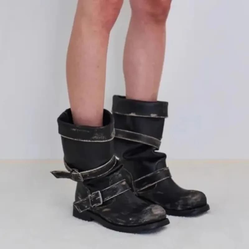 Vintage Platform Buckle Stylish Motorcycle Women Square Toe Chunky High Heel Mid-Calf Shoes Retro Biker Boots