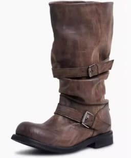 Vintage Platform Buckle Stylish Motorcycle Women Square Toe Chunky High Heel Mid-Calf Shoes Retro Biker Boots