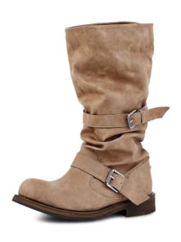 Vintage Platform Buckle Stylish Motorcycle Women Square Toe Chunky High Heel Mid-Calf Shoes Retro Biker Boots