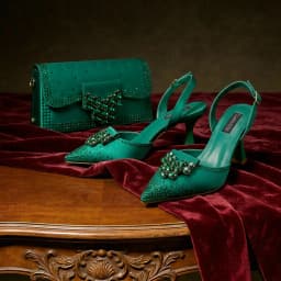 Queen Yan Green Color Rhinestone Comfortable Women's Pumps Heels And Bag Fashion Style Pointed-Toe Shoes For Farty Occasion
