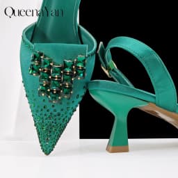 Queen Yan Green Color Rhinestone Comfortable Women's Pumps Heels And Bag Fashion Style Pointed-Toe Shoes For Farty Occasion