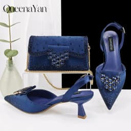 Queen Yan Green Color Rhinestone Comfortable Women's Pumps Heels And Bag Fashion Style Pointed-Toe Shoes For Farty Occasion