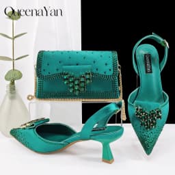Queen Yan Green Color Rhinestone Comfortable Women's Pumps Heels And Bag Fashion Style Pointed-Toe Shoes For Farty Occasion