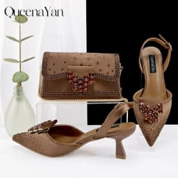 Queen Yan Green Color Rhinestone Comfortable Women's Pumps Heels And Bag Fashion Style Pointed-Toe Shoes For Farty Occasion