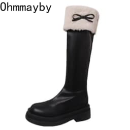 Winter Thick Sole Woman Short Plush High Boot Fashion Butterfly-knot Back Zippers Shoes Women's Slim Knight Long Booties