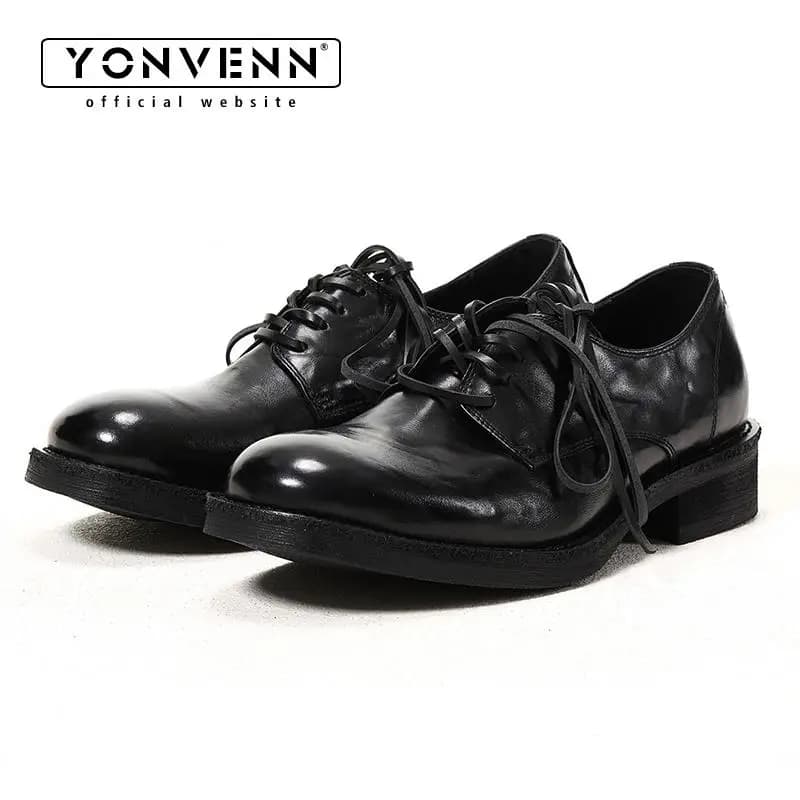 Black whole shoe washed cowhide round toe handmade derby leather shoes men's thick soled casual formal commuting