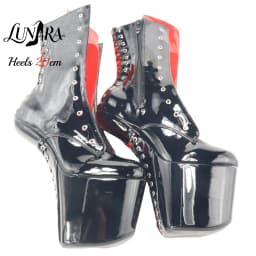 20cm/8Inch Black Red Patent Leather Lace-up Side Zipper Closed Toe Platform High Stiletto Ankle Boots Goth Pole Dance Rave Party