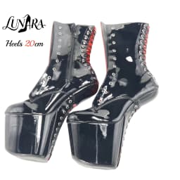 20cm/8Inch Black Red Patent Leather Lace-up Side Zipper Closed Toe Platform High Stiletto Ankle Boots Goth Pole Dance Rave Party