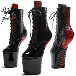 20cm/8Inch Black Red Patent Leather Lace-up Side Zipper Closed Toe Platform High Stiletto Ankle Boots Goth Pole Dance Rave Party